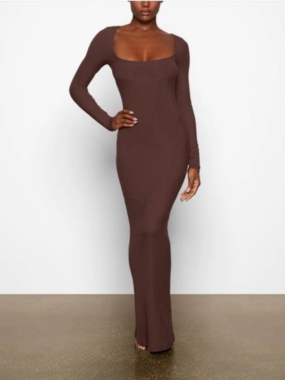 Skims Lounge Ribbed Long Sleeve Maxi Dress, cocoa (dark brown) size medium